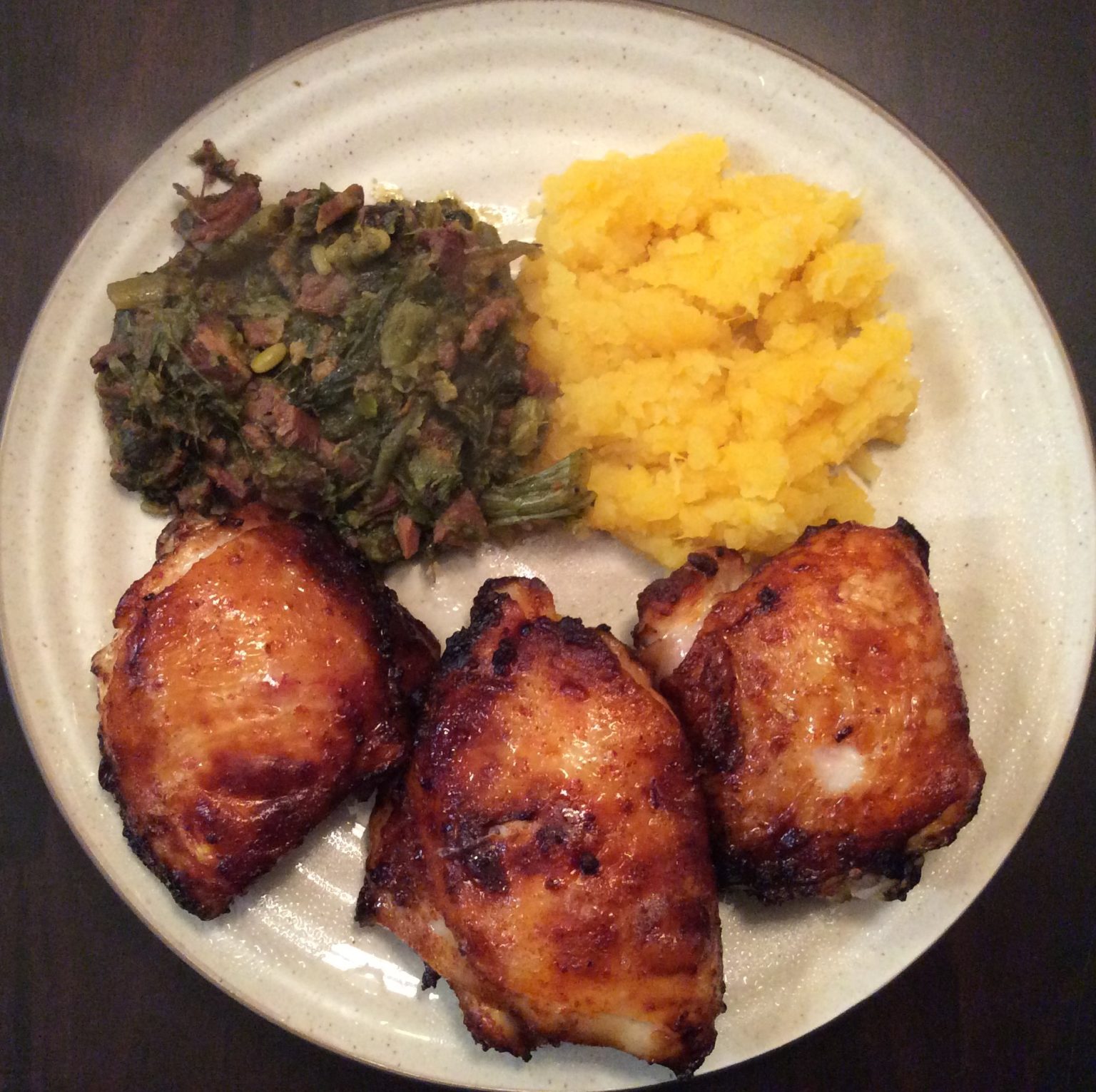 Seasoned Chicken Thighs, Southern Greens, Mashed Rutabaga My Lowish